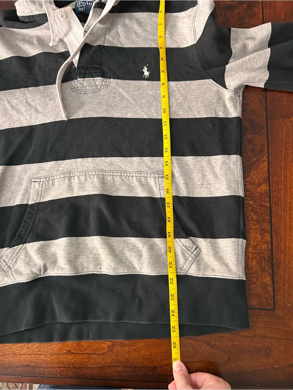 Vintage Polo Ralph Lauren Rugby Hoodie Mens M Black Gray Striped Long Sleeve - Picture 10 of 13